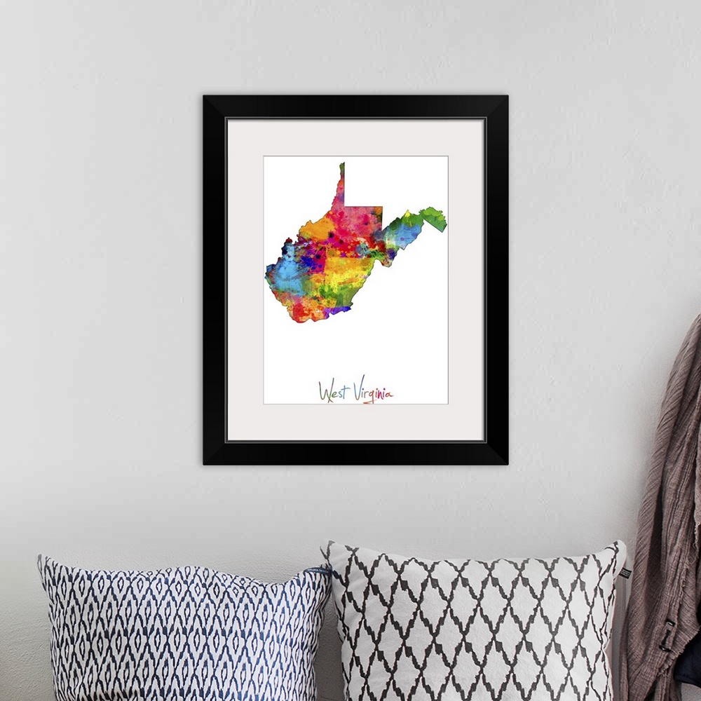 A bohemian room featuring Contemporary artwork of a map of West Virginia made of colorful paint splashes.