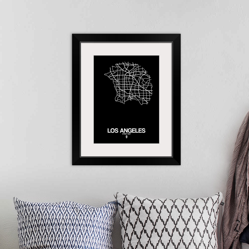 A bohemian room featuring Minimalist art map of the city streets of Los Angeles in black and white.