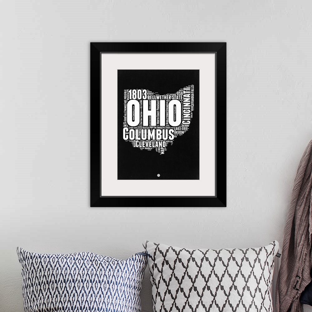 A bohemian room featuring Typography art map of the US state Ohio.