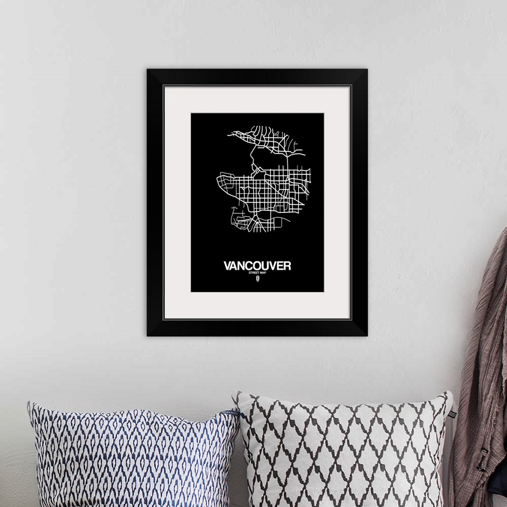 A bohemian room featuring Minimalist art map of the city streets of Vancouver in black and white.