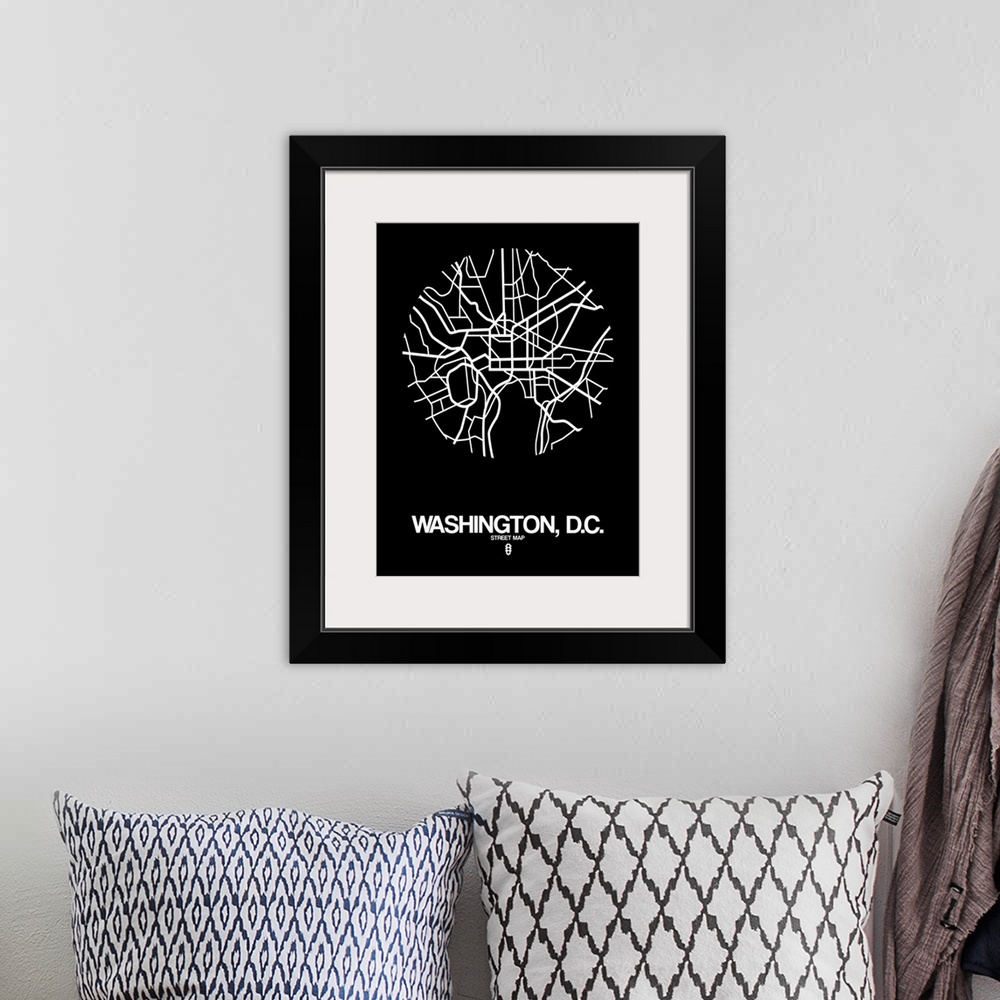 A bohemian room featuring Minimalist art map of the city streets of Washington DC in black and white.