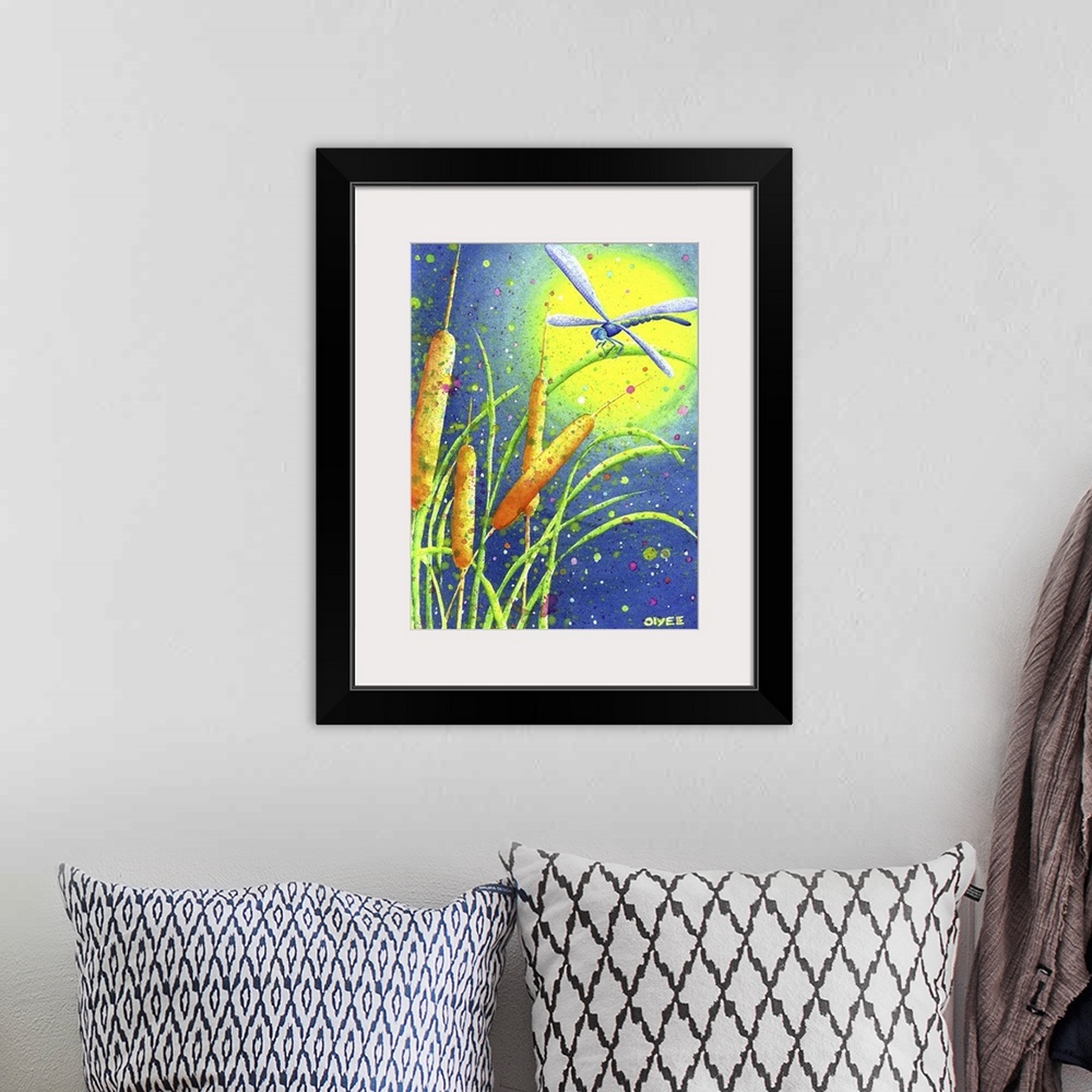 A bohemian room featuring Beautiful watercolor painting of a dragonfly sitting on cattails with a bright moon in the backgr...