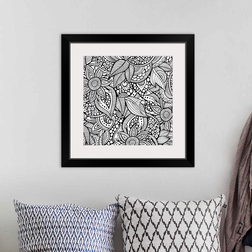 A bohemian room featuring Intricate floral pattern with striped petals and leaves. Perfect for Coloring Canvas.