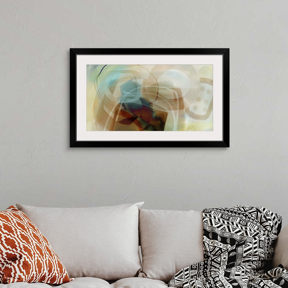 A bohemian room featuring Abstract contemporary painting in beige, teal, and deep brown.