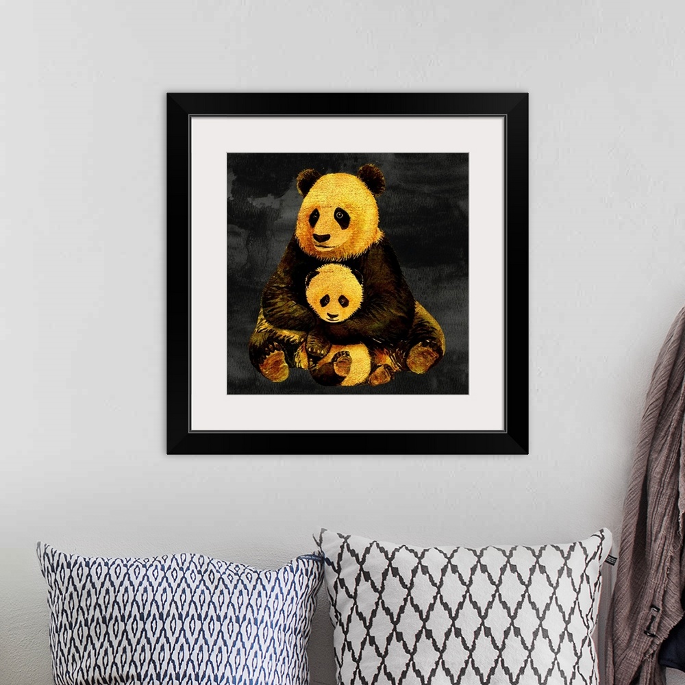 A bohemian room featuring Fluffy mama panda holding baby panda as the night falls. Sichuan Province rainforest, China.