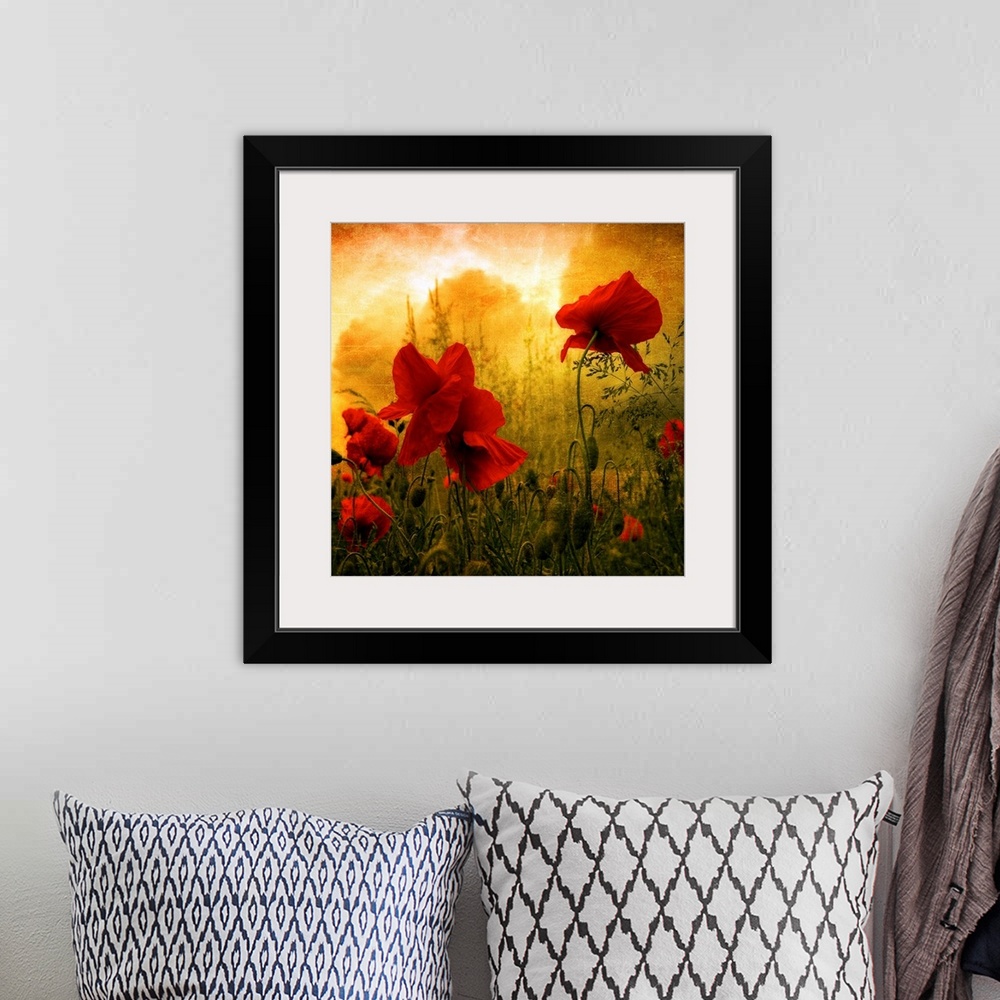 A bohemian room featuring Giant square photograph composed of a close-up shot of colorful flowers near a forest.