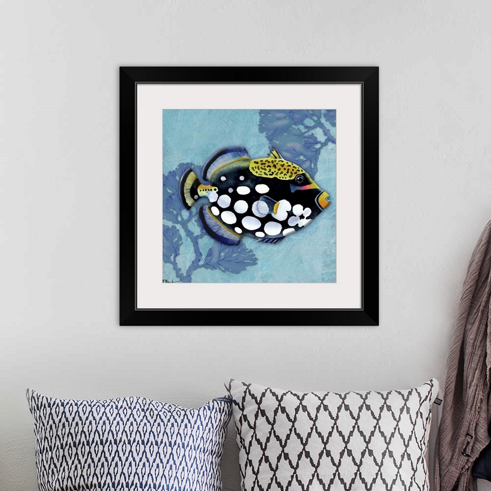 A bohemian room featuring Contemporary painting of a tropical fish with two pieces of coral.