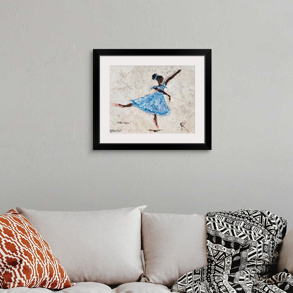 A bohemian room featuring horizontal abstract of a ballerina in blue artfully done in bold brush strokes.