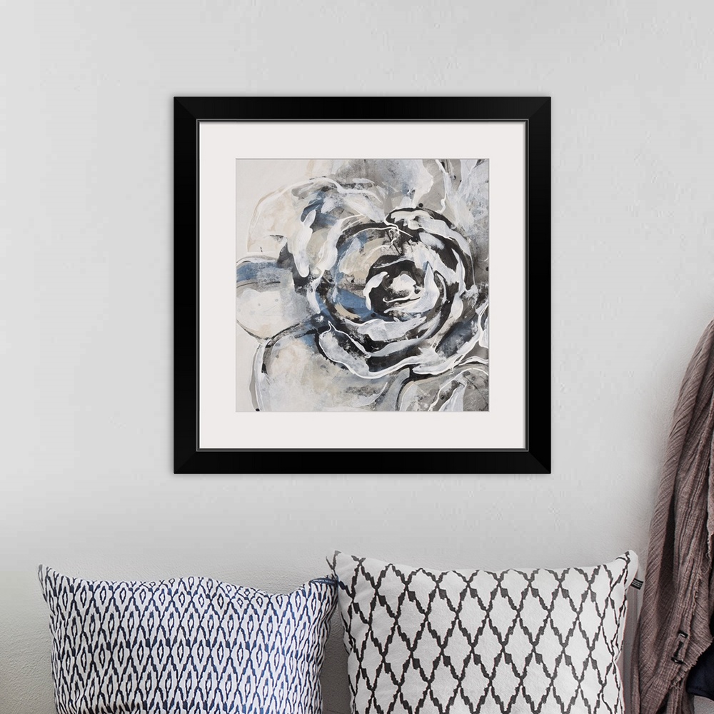 A bohemian room featuring Contemporary painting of a flower using pale blue, gray and white lines.