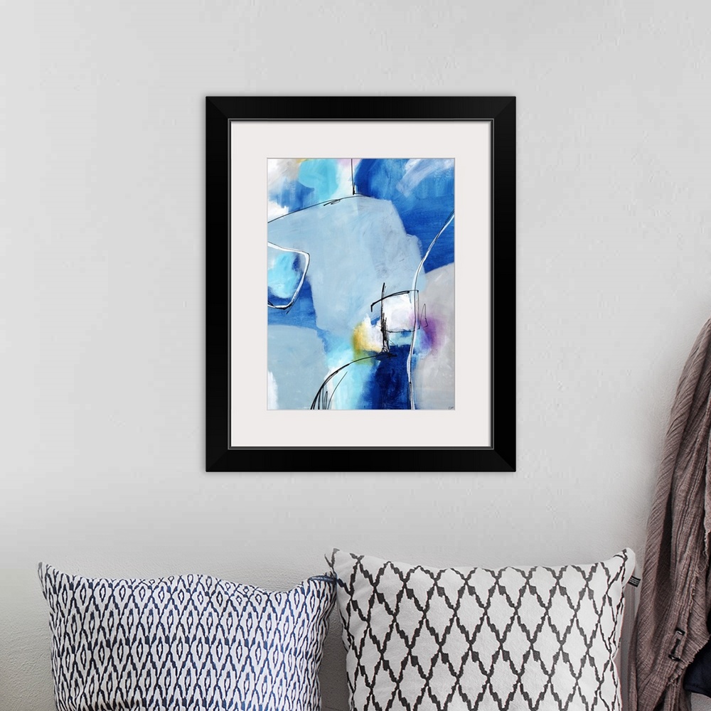 A bohemian room featuring Contemporary abstract painting using blue tones and thin white lines sectioning off shapes.