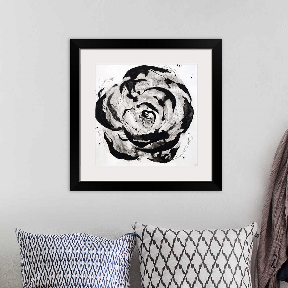 A bohemian room featuring Contemporary painting of a single large flower in greyscale, painted in a circular motion with va...