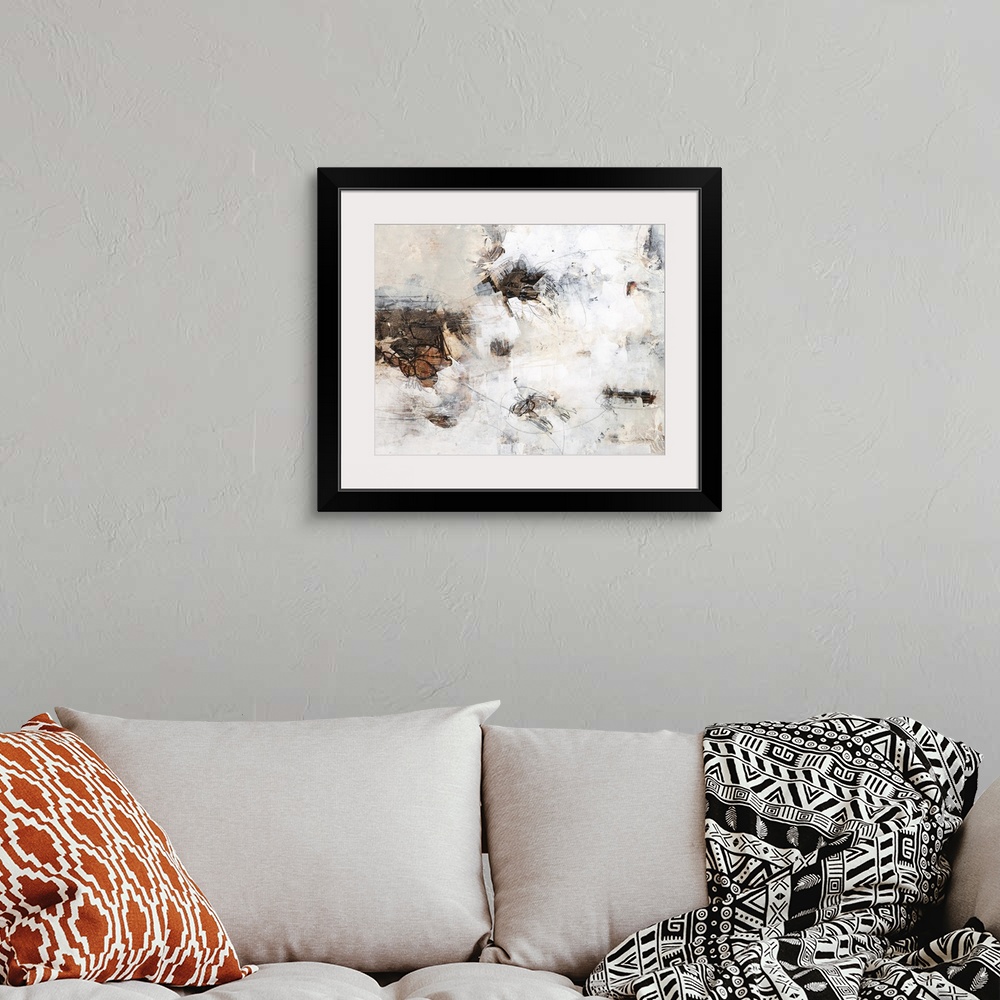 A bohemian room featuring Contemporary abstract painting using white and earth tones.