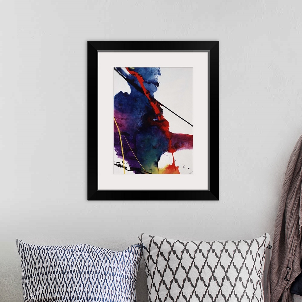 A bohemian room featuring Contemporary watercolor painting of a multicolored mass with thin streaks of paint over a solid n...