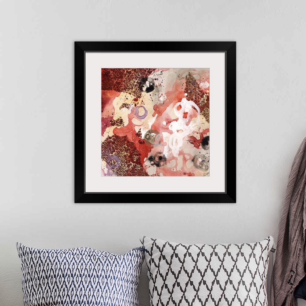 A bohemian room featuring Abstract painting using bright red tones in splashes and splatters, almost looking like flowers.