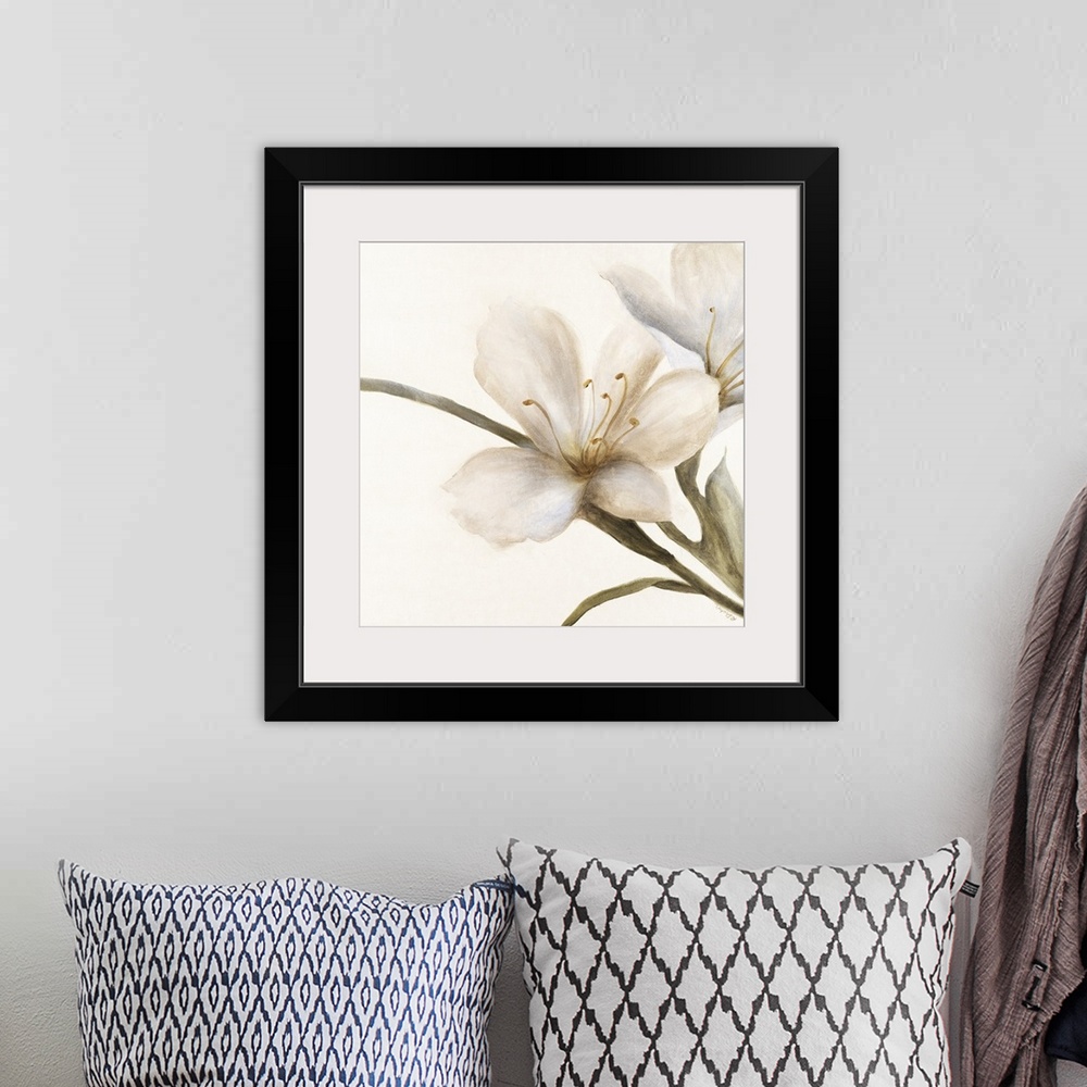 A bohemian room featuring Contemporary painting of a white flower on a leafy stem.