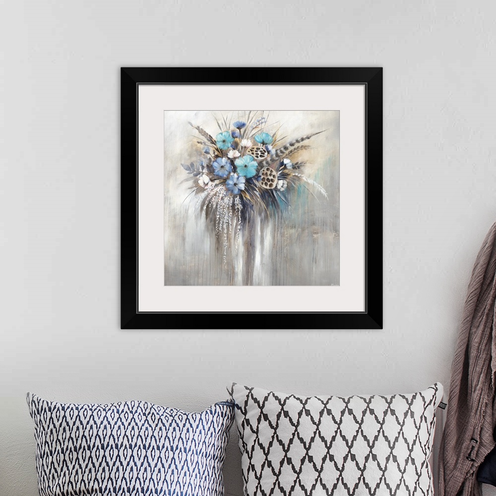 A bohemian room featuring Contemporary painting of an arrangement of blue flowers and long feathers.