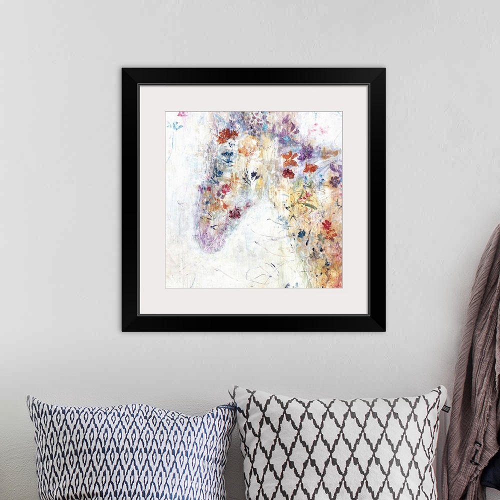 A bohemian room featuring Square abstract painting of a colorful horse with spring flowers on top.