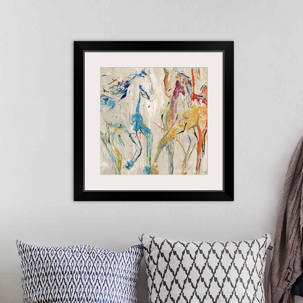 A bohemian room featuring Contemporary painting of two horse figures in bright blue and red.