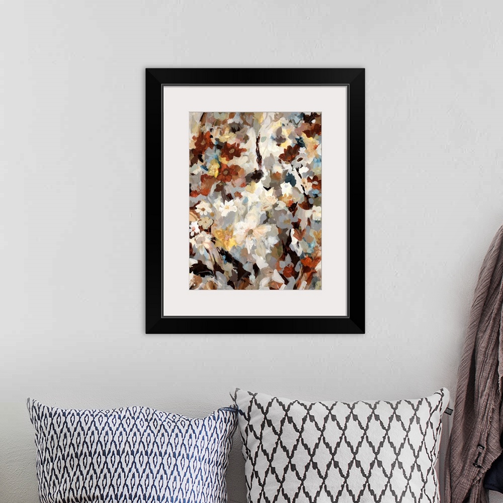 A bohemian room featuring Contemporary abstract painting of colorful floral collage.