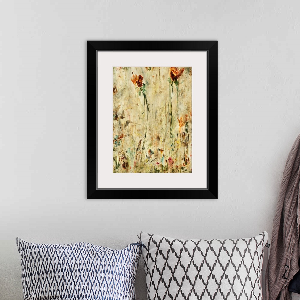 A bohemian room featuring Contemporary abstract painting of colorful flowers with grungy and dirty background.