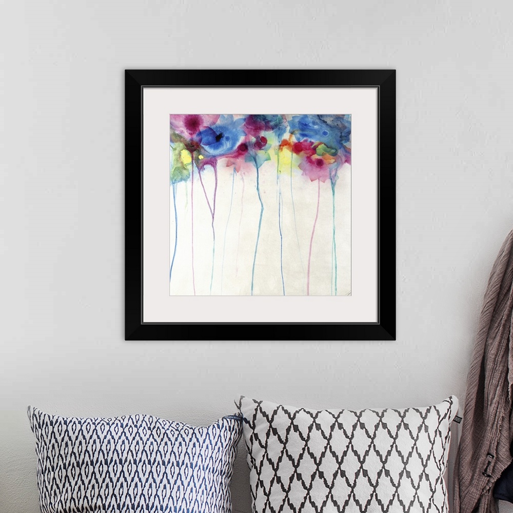 A bohemian room featuring Vibrant, colorful flowers with long stems, in a faded watercolor style.
