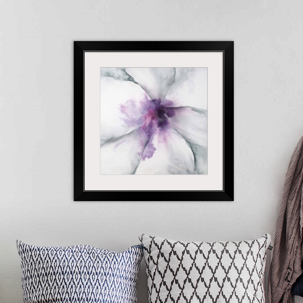 A bohemian room featuring A contemporary abstract painting of an extreme close-up of a gray toned flower with a soft purple...