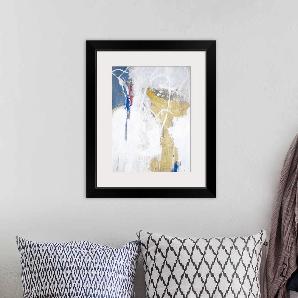 A bohemian room featuring Contemporary abstract painting with pastel pink, yellow, and blue with white splatter and lines t...