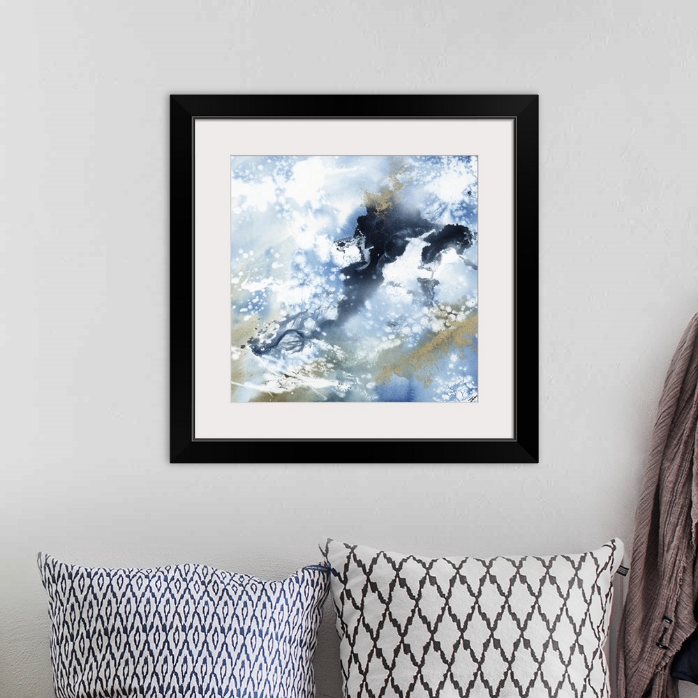 A bohemian room featuring Abstract contemporary painting in blue and brown tones, resembling a cloudy sky.