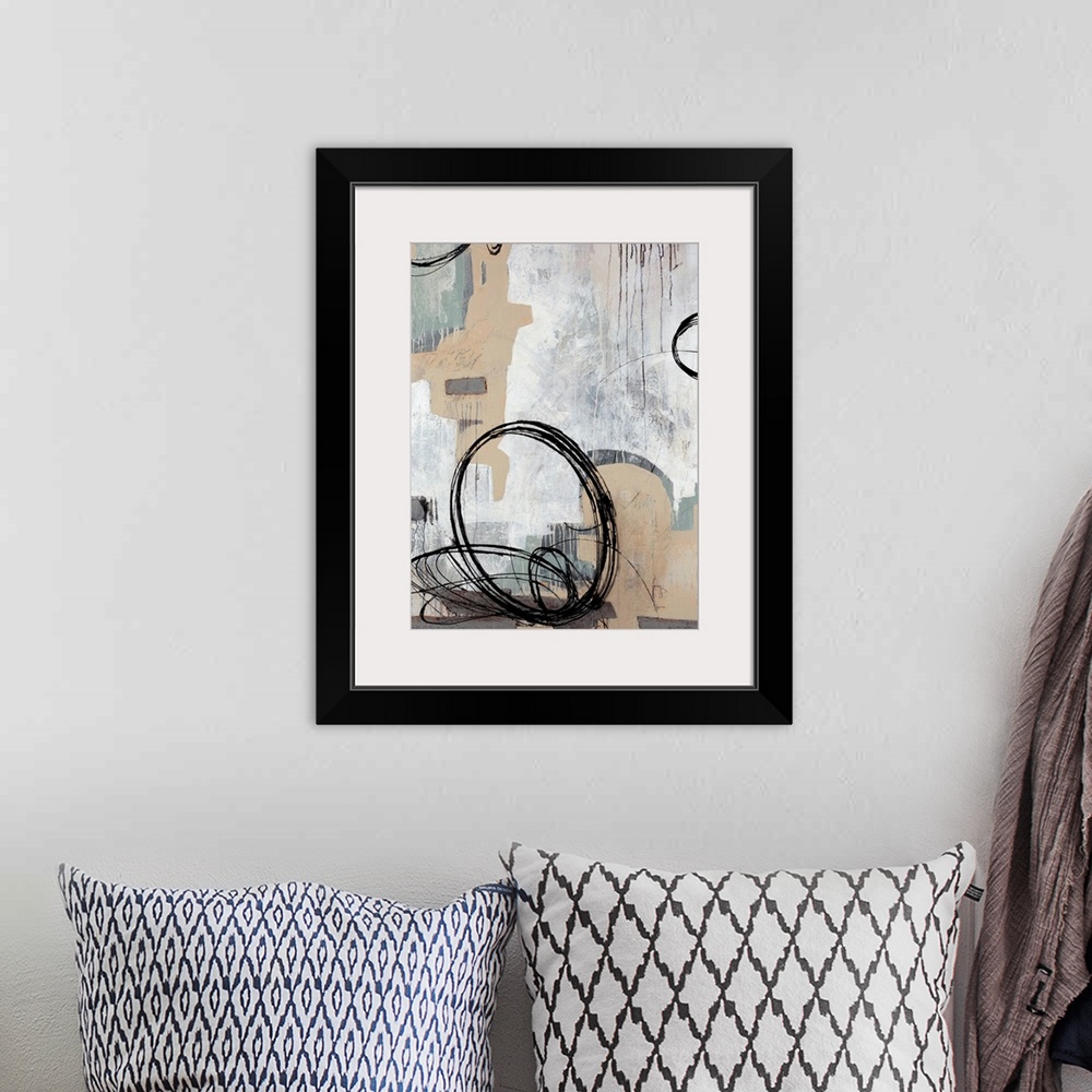 A bohemian room featuring Contemporary abstract painting with an urban feel, featuring dark circular shapes on a neutral an...