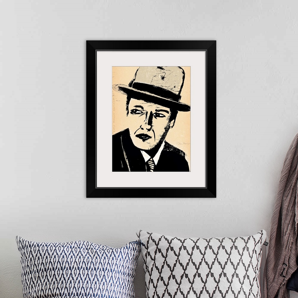 A bohemian room featuring 1940's vintage wall art black ink brush illustration on sepia background of a dapper gangster man...