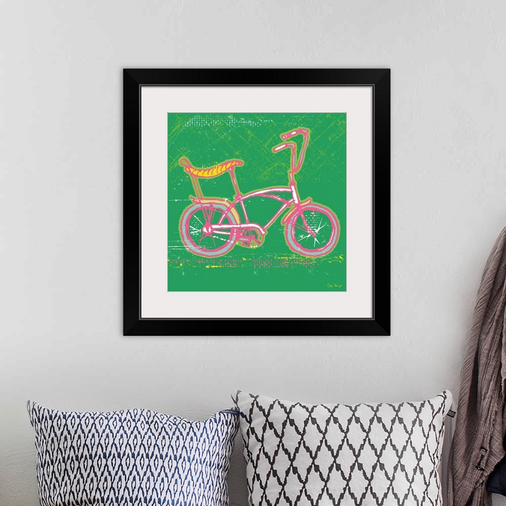 A bohemian room featuring 1970's retro style wall art of a stingray bicycle illustrated in pen and ink line.