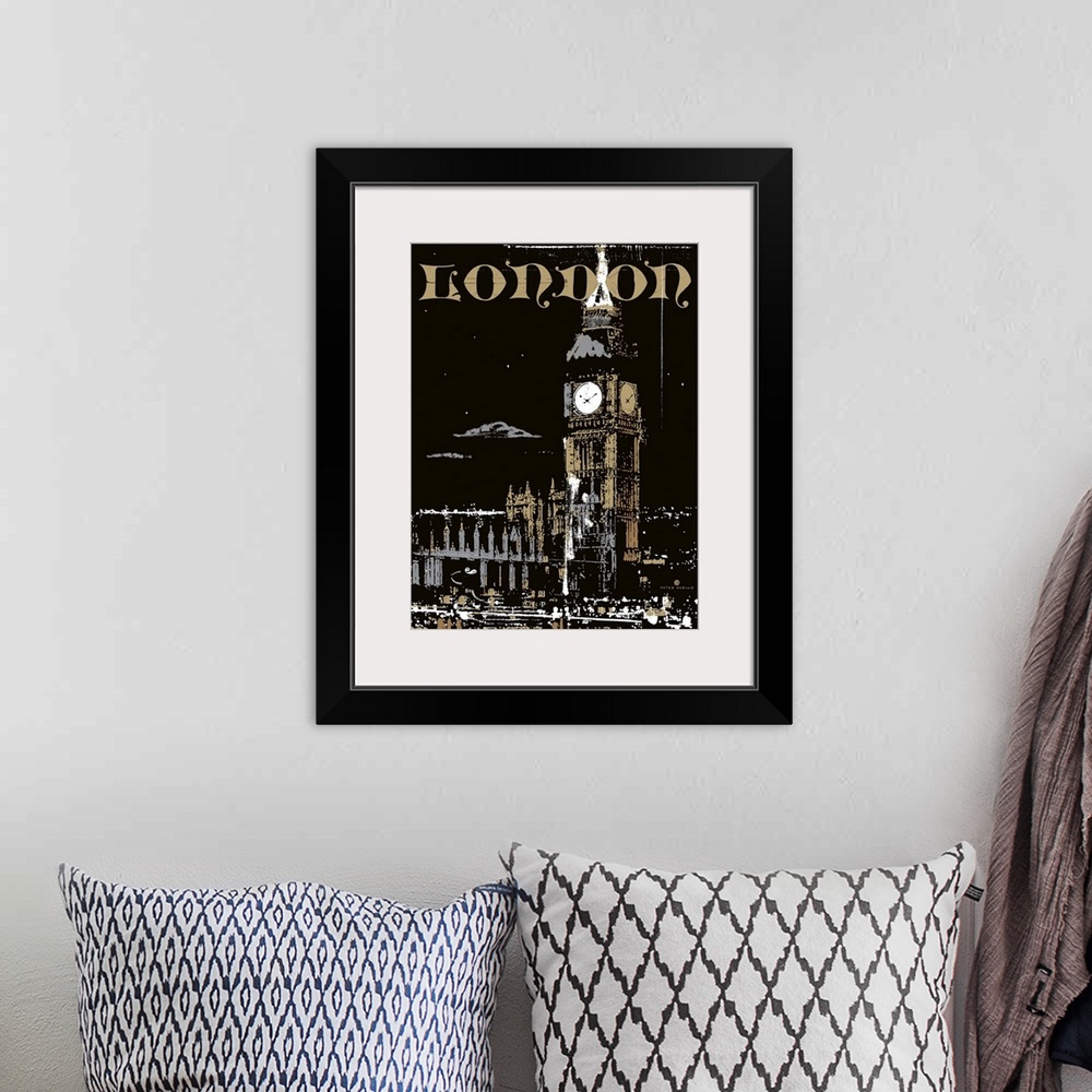 A bohemian room featuring Big Ben in London at night with the city aglow and vibrant with the typography London placed at t...