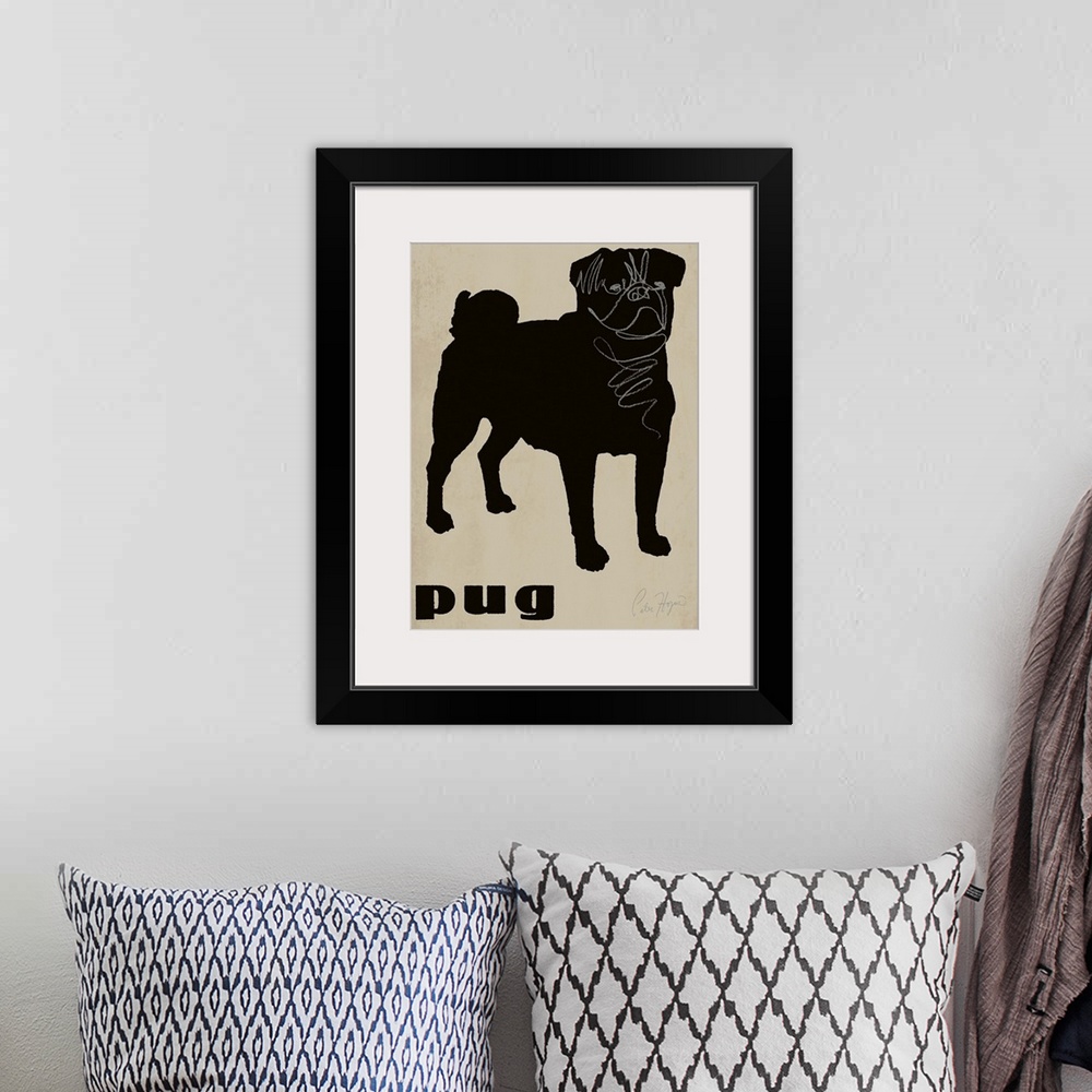 A bohemian room featuring Black pug dog silhouette with pug typography.
