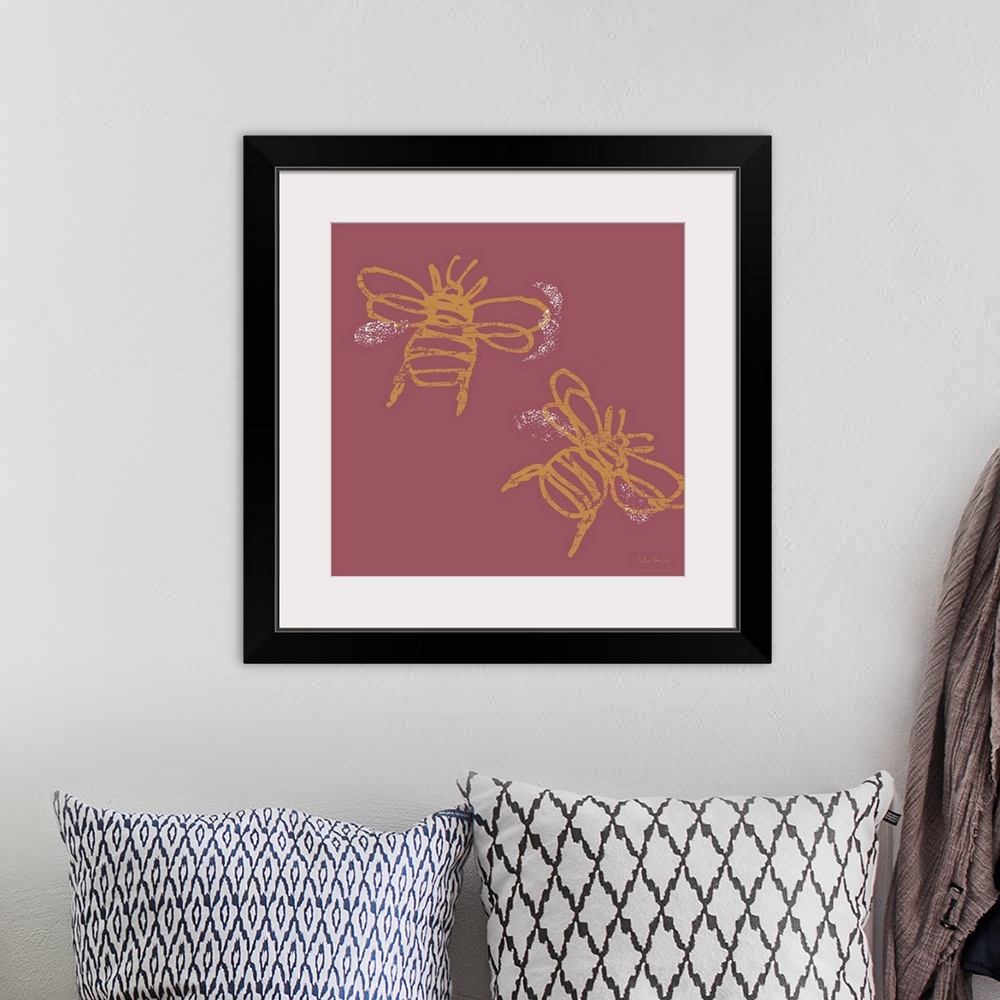 A bohemian room featuring Two yellow busy bees buzzing around depicted in a simple minimalist art fashion on a solid red ba...