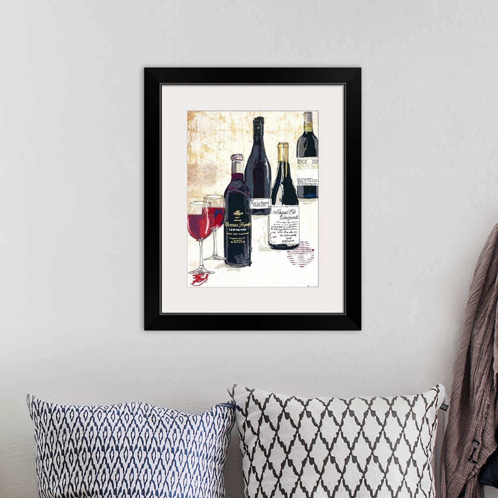 A bohemian room featuring Four bottles of wine and two glasses on a textured rust background.