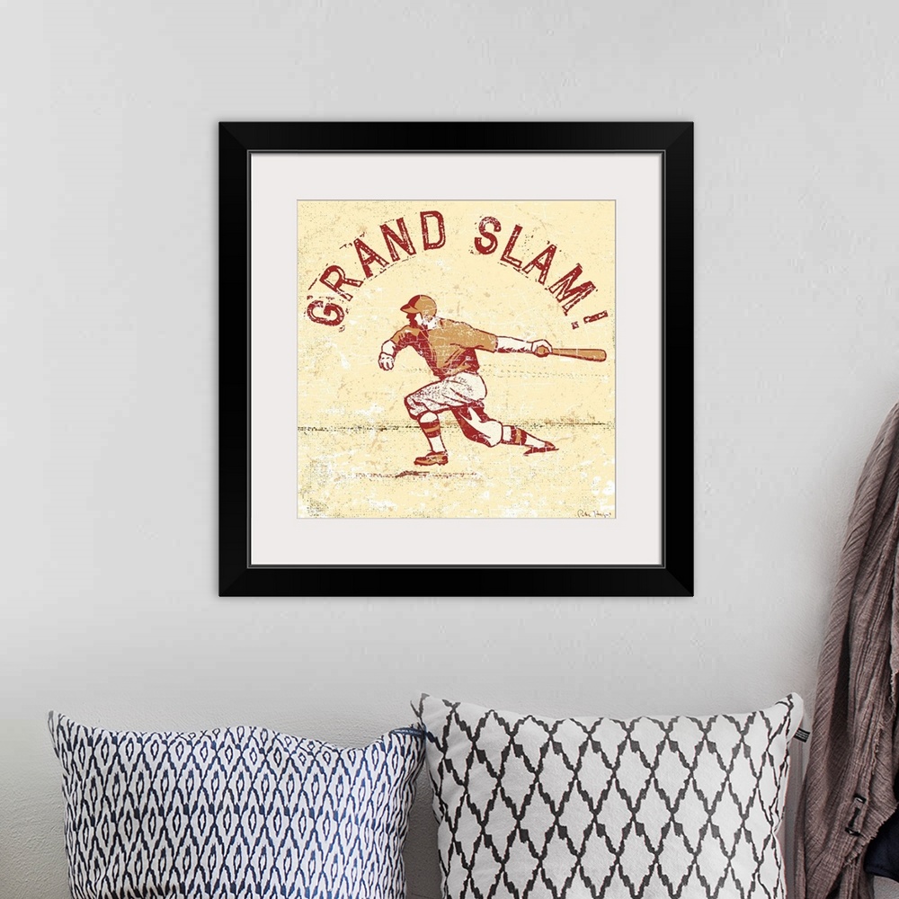 A bohemian room featuring Distressed retro logo image of a baseball player swinging a baseball bat with the words "Grand Sl...