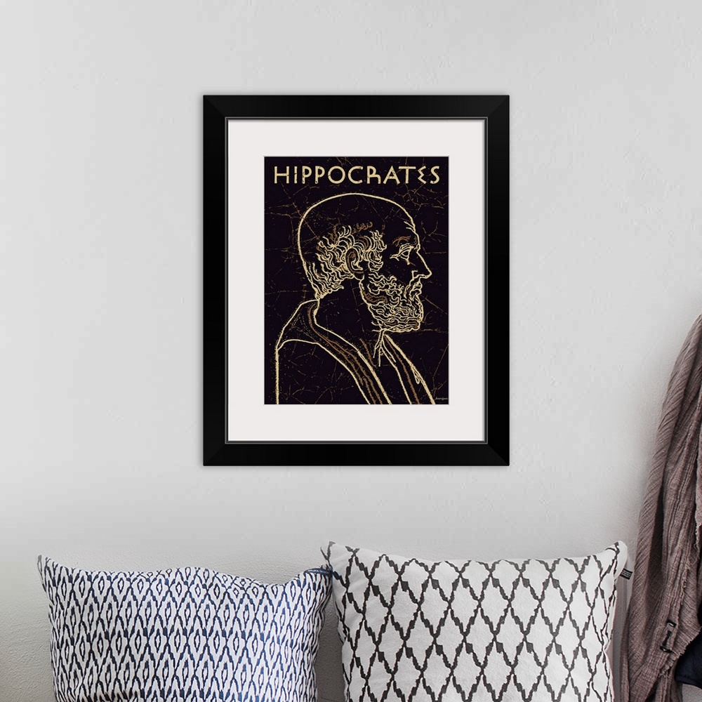 A bohemian room featuring Black and gold line art wall art of Hippocrates, the Greek physician, with the name Hippocrates a...