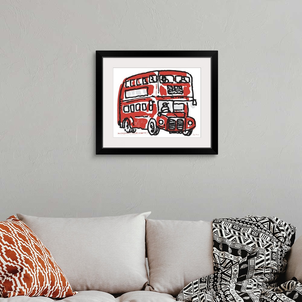 A bohemian room featuring A simple pen and ink line drawing of an old red London double decker bus.