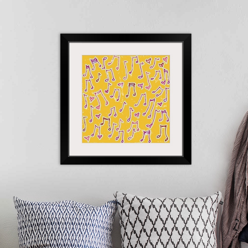 A bohemian room featuring A pattern of pen and ink illustrated musical notes on a yellow background.
