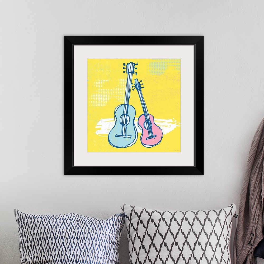 A bohemian room featuring Two pen and ink illustrated guitars leaning on each other on a pale yellow background.