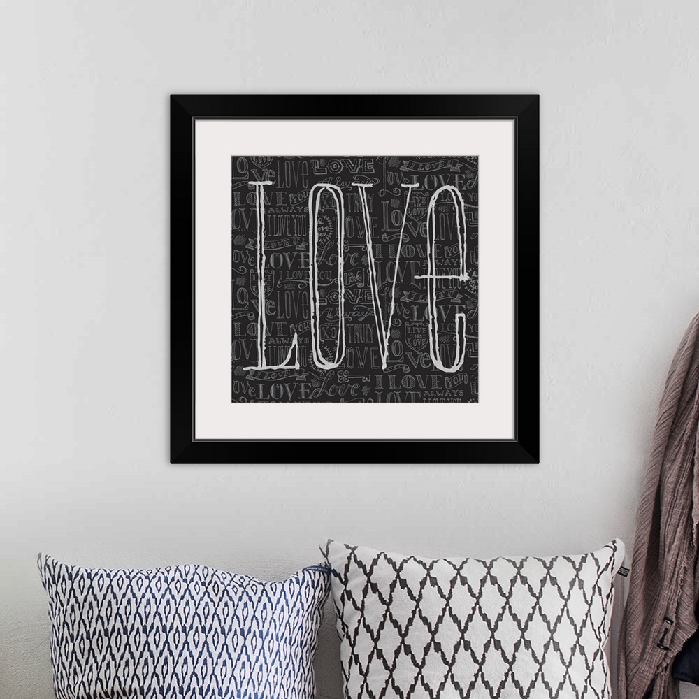 A bohemian room featuring Pen and ink handlettered illustration of love icons repeated on a black background with the word ...