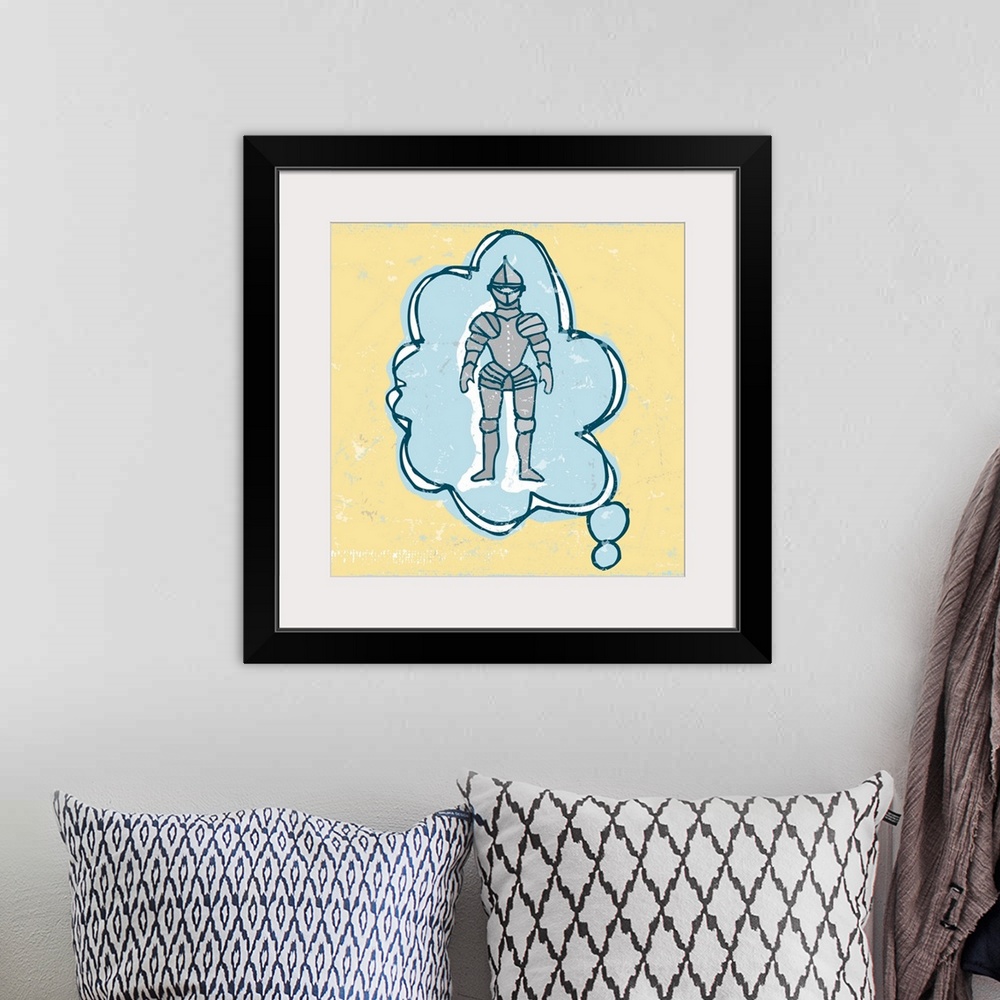 A bohemian room featuring A pen and ink illustrated knight in shining armor in a thought bubble.