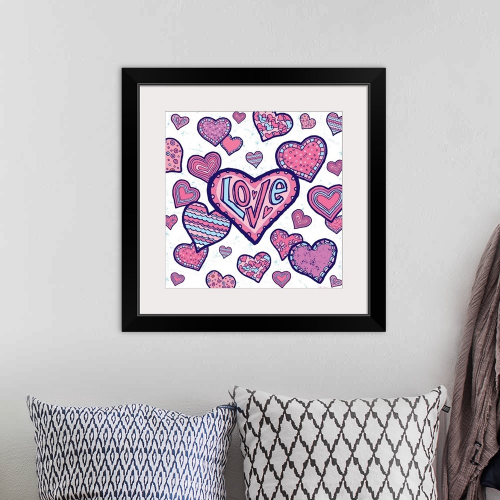 A bohemian room featuring A group of pen and ink illustrated hearts, from large to small hearts on a white textured backgro...