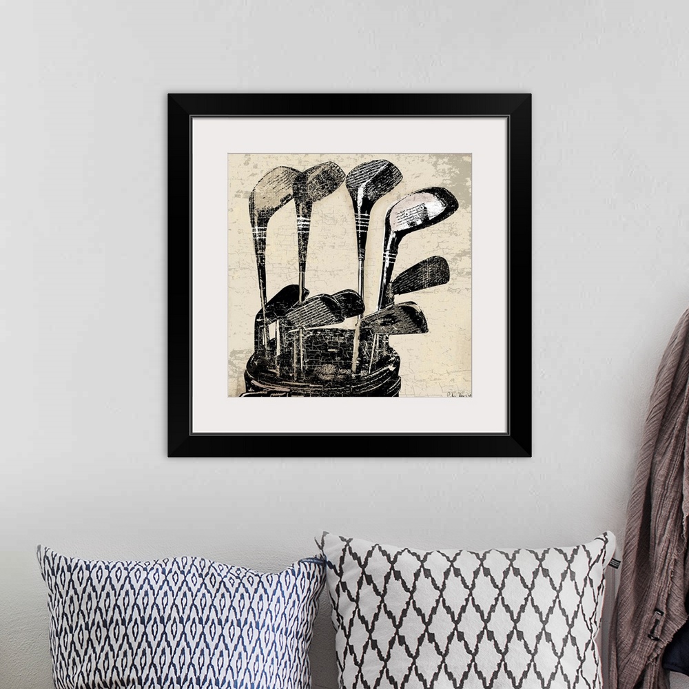 A bohemian room featuring Vintage style wall art of an old distressed golf clubs on tan and sepia background.