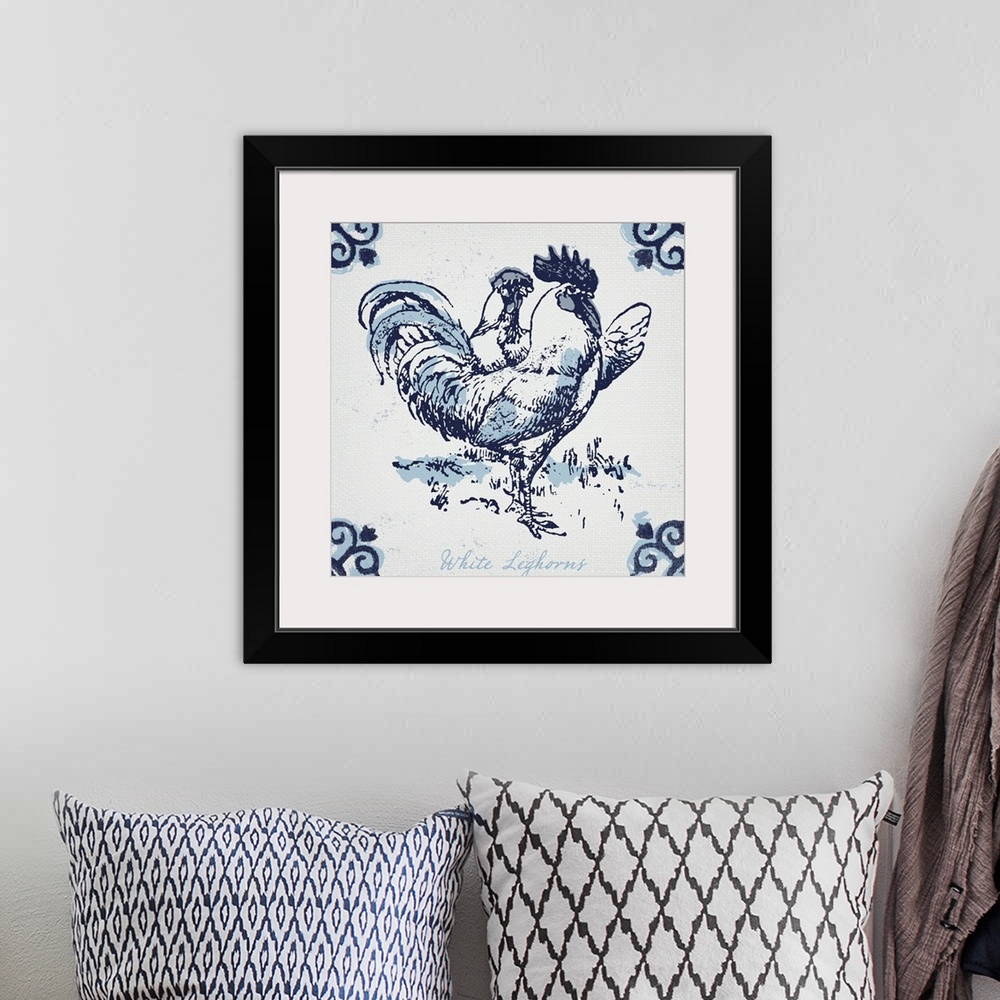 A bohemian room featuring White leghorn chickens with typography in dutch blue