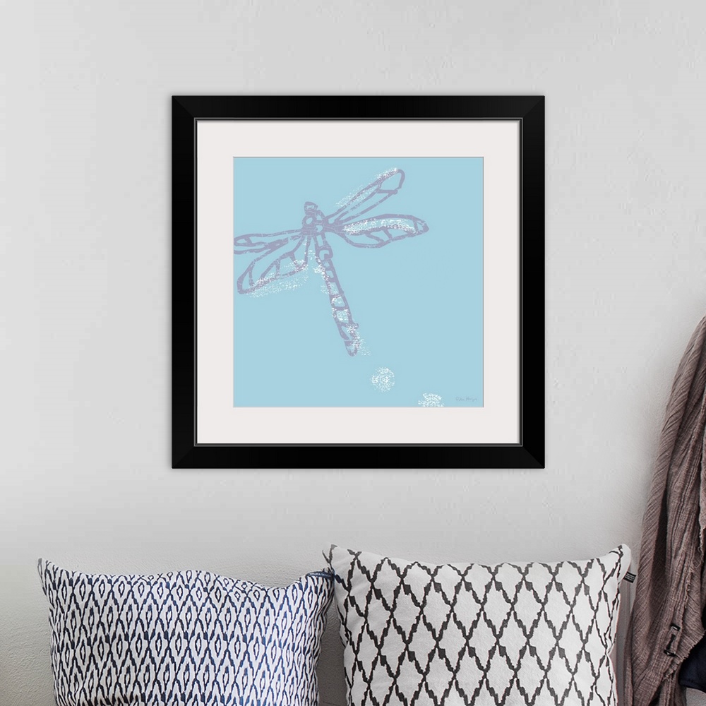 A bohemian room featuring Zooming violet butterfly depicted in a simple minimalist art fashion on a solid light blue backgr...