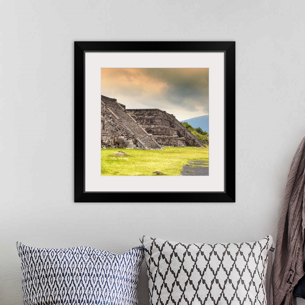 A bohemian room featuring Square photograph of the Teotihuacan Pyramids, Mexico. From the Viva Mexico Square Collection.