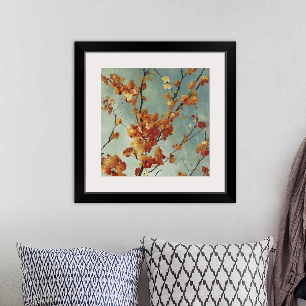 A bohemian room featuring Contemporary painting of a autumn foliage blossoming on the branches of a tree.