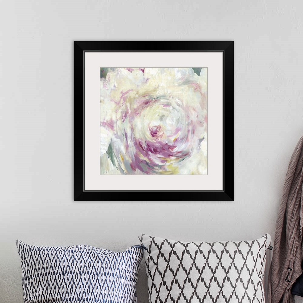 A bohemian room featuring Contemporary home decor artwork of soft colorful flowers close-up.