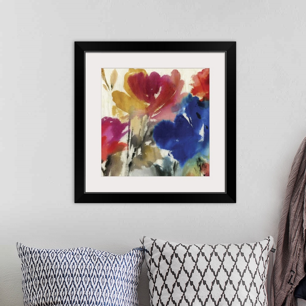 A bohemian room featuring Contemporary watercolor home decor artwork of flowers against a neutral background.